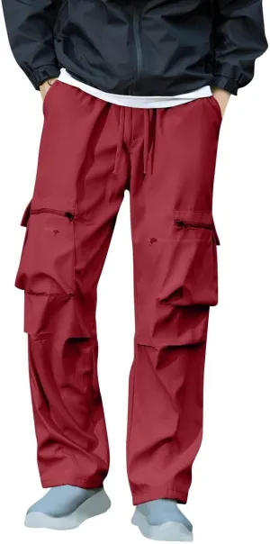 Baggy Cargo Pants Men Multi-Pockets Solid Color Hiking Pants Elastic Waist Drawstring Outdoor Pants Straight Leg Pants