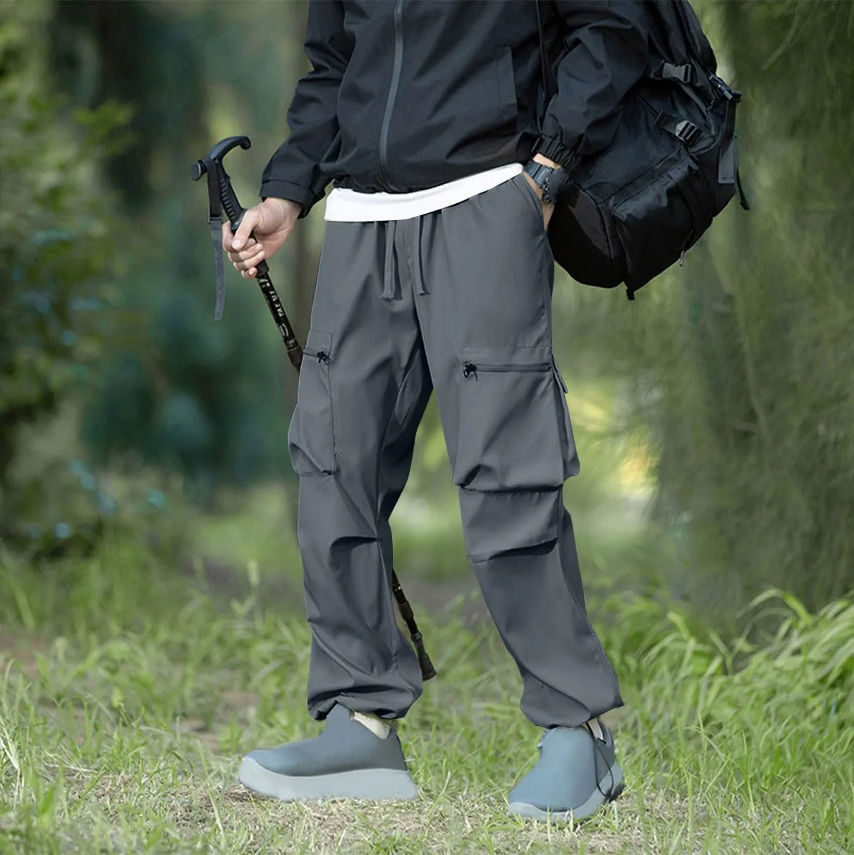 Baggy Cargo Pants Men Multi-Pockets Solid Color Hiking Pants Elastic Waist Drawstring Outdoor Pants Straight Leg Pants