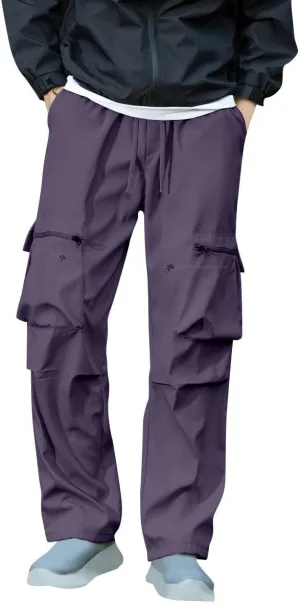Baggy Cargo Pants Men Multi-Pockets Solid Color Hiking Pants Elastic Waist Drawstring Outdoor Pants Straight Leg Pants