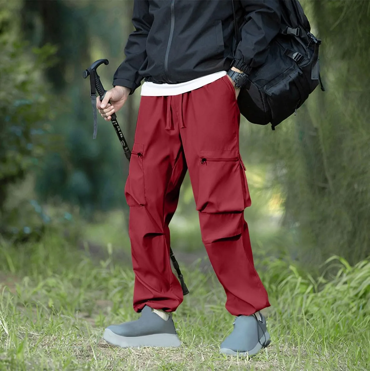 Baggy Cargo Pants Men Multi-Pockets Solid Color Hiking Pants Elastic Waist Drawstring Outdoor Pants Straight Leg Pants