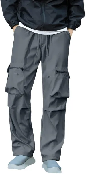 Baggy Cargo Pants Men Multi-Pockets Solid Color Hiking Pants Elastic Waist Drawstring Outdoor Pants Straight Leg Pants