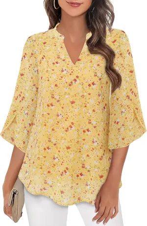Bebonnie Womens Tops Dressy Casual Ruffle 3/4 Sleeve V Neck Double Layers Chiffon Blouses Tops
