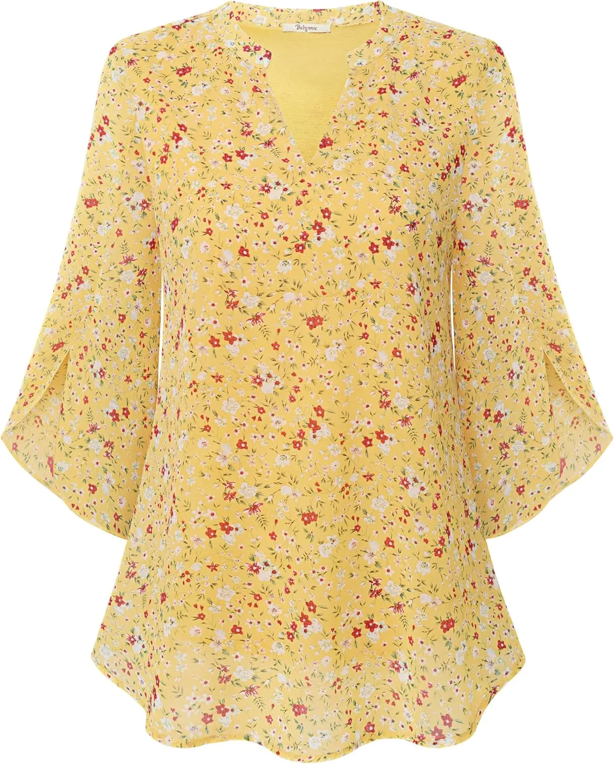 Bebonnie Womens Tops Dressy Casual Ruffle 3/4 Sleeve V Neck Double Layers Chiffon Blouses Tops