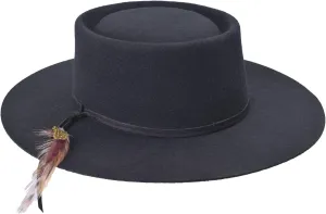 Bigalli Bolero Hat 100% Fine Wool Felt Fall Winter Porkpie Hat | Nubuck Leather and Natural Feather