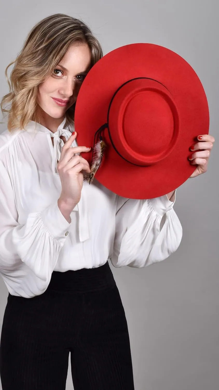 Bigalli Bolero Hat 100% Fine Wool Felt Fall Winter Porkpie Hat | Nubuck Leather and Natural Feather