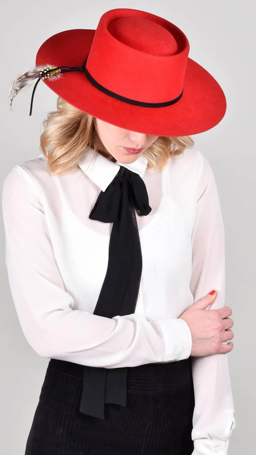 Bigalli Bolero Hat 100% Fine Wool Felt Fall Winter Porkpie Hat | Nubuck Leather and Natural Feather