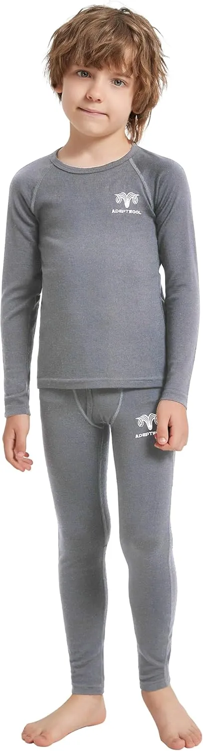Boy Kids Merino Wool Base Layer Set Top and Bottom Thermal Underwear
