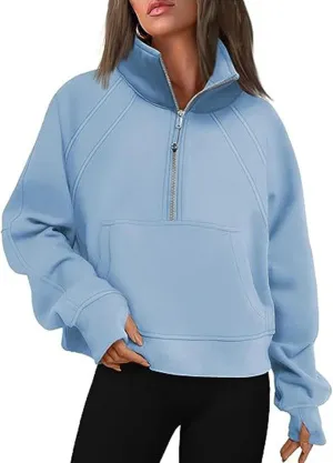Bubeutou Half Zip Sweatshirts Womens Quarter Zip Pullover Trendy Fleece Cropped Hoodies Teen Girls Fall Top Outfits Clothes (Light Blue,XL,X-Large)