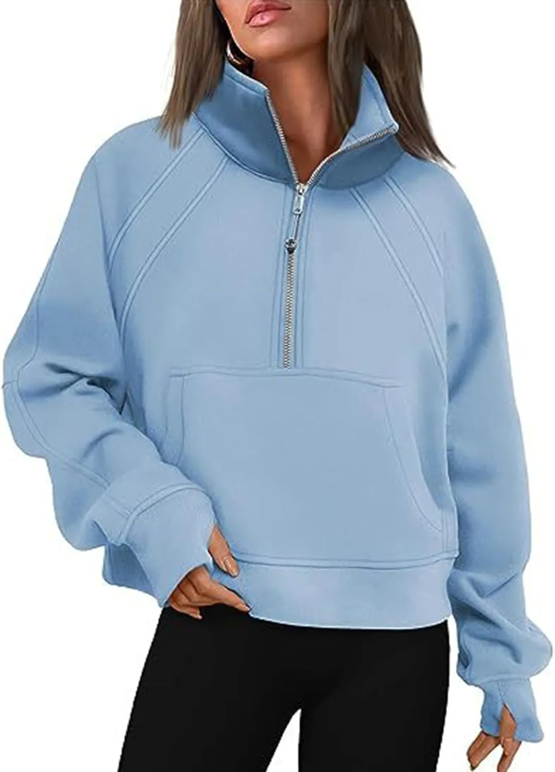 Bubeutou Half Zip Sweatshirts Womens Quarter Zip Pullover Trendy Fleece Cropped Hoodies Teen Girls Fall Top Outfits Clothes (Light Blue,XL,X-Large)