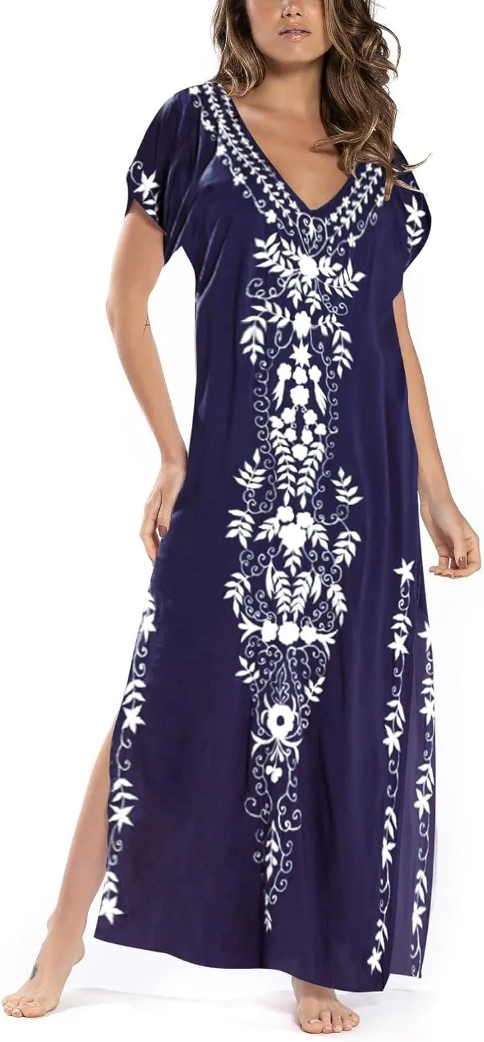 Busbseach Caftan Dresses for Women Embroidery Short Sleeve Beach Cover Up V Neck Maxi Kaftan Dress