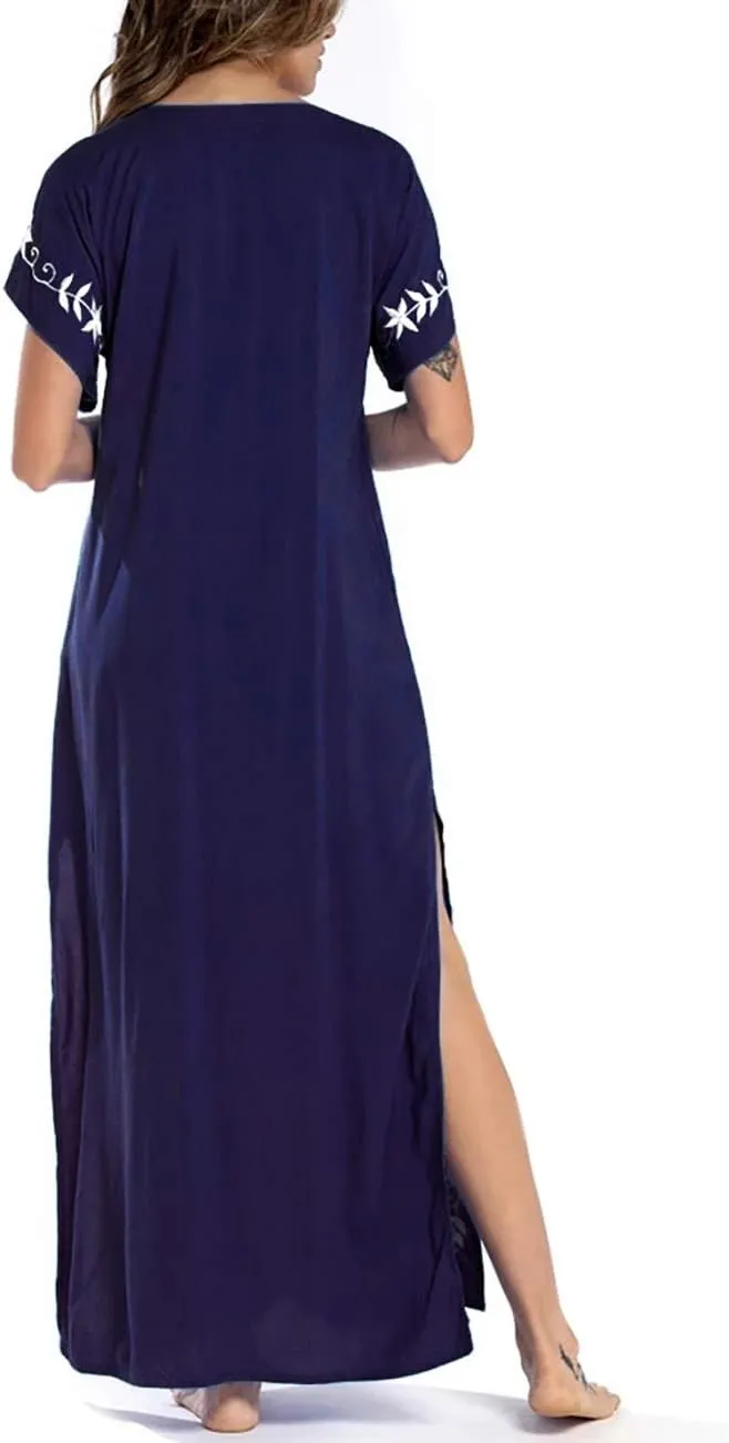 Busbseach Caftan Dresses for Women Embroidery Short Sleeve Beach Cover Up V Neck Maxi Kaftan Dress