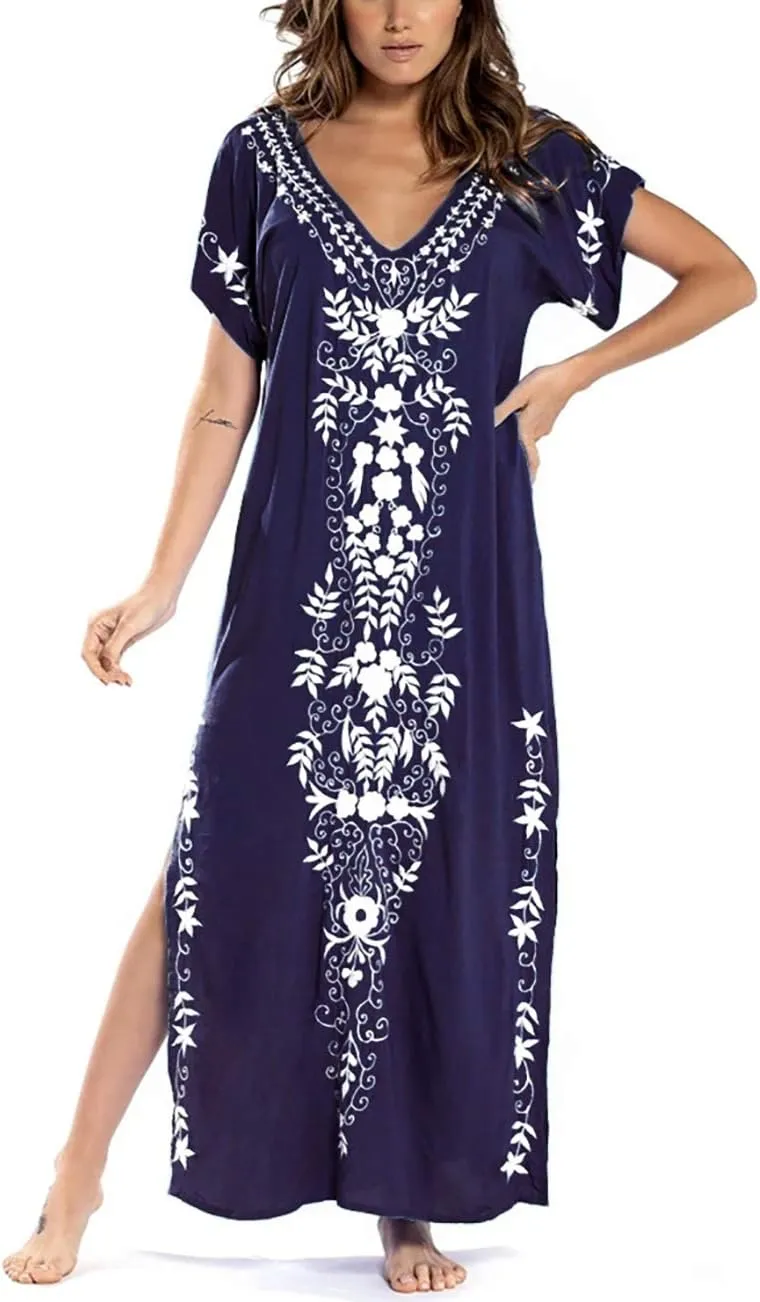 Busbseach Caftan Dresses for Women Embroidery Short Sleeve Beach Cover Up V Neck Maxi Kaftan Dress