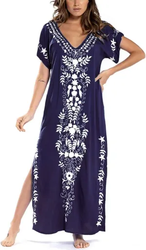Busbseach Caftan Dresses for Women Embroidery Short Sleeve Beach Cover Up V Neck Maxi Kaftan Dress