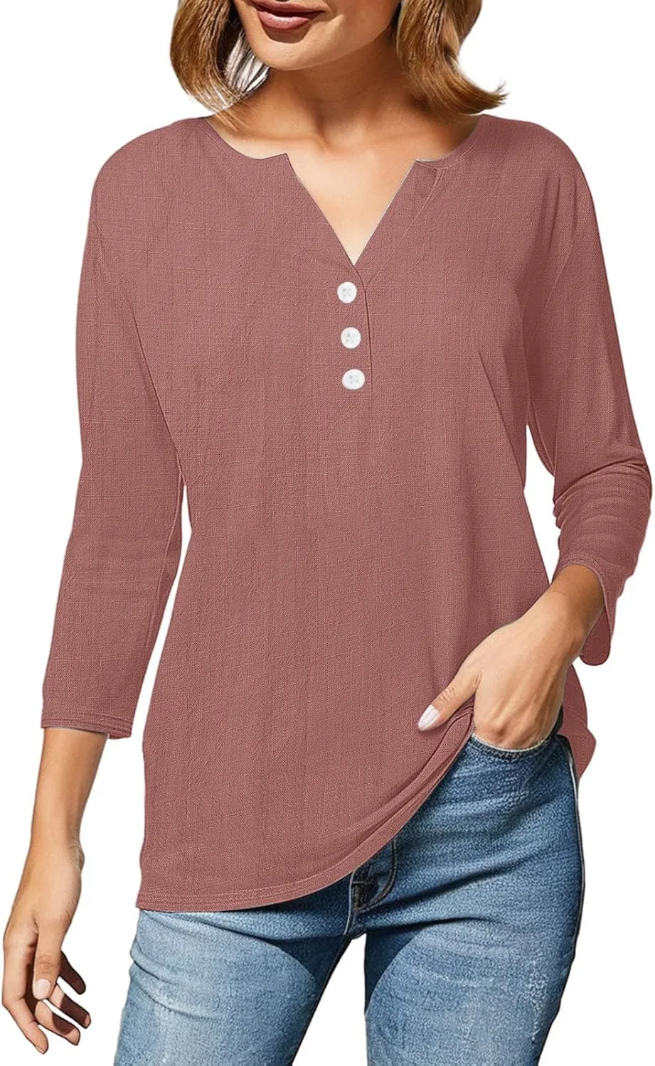 Button Down Shirts for Women 3/4 Sleeve V Neck Cotton Linen Tops Summer Causal Solid Work Beach Blouse Trendy Clothes