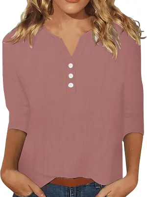 Button Down Shirts for Women 3/4 Sleeve V Neck Cotton Linen Tops Summer Causal Solid Work Beach Blouse Trendy Clothes