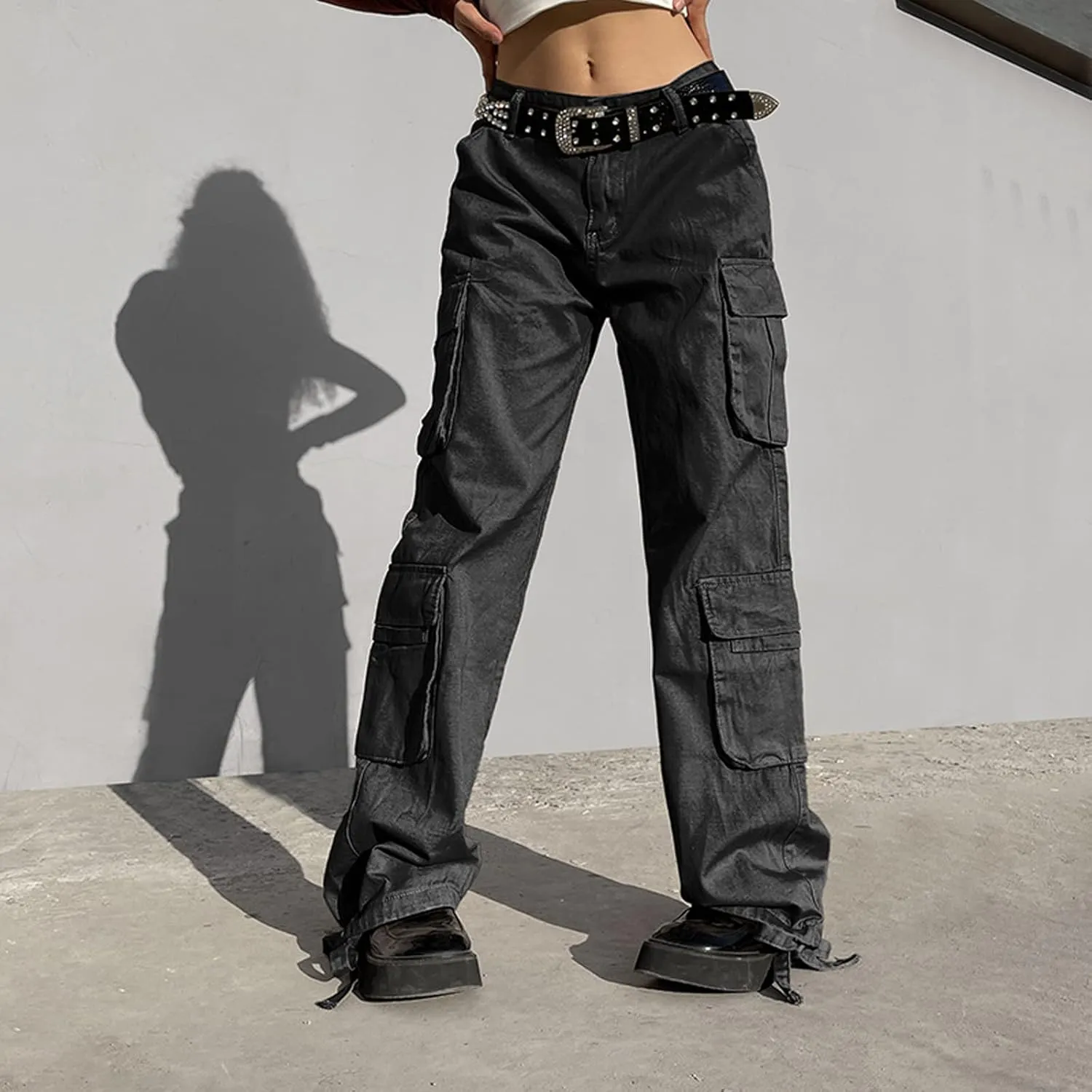 BXCNCKD Gothic Ladies Cargo Pants Street Retro Multi Pocket Cargo Pants Loose Wide Leg Pants Y2K Pants