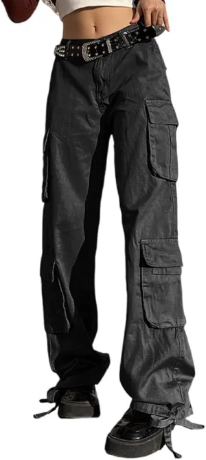BXCNCKD Gothic Ladies Cargo Pants Street Retro Multi Pocket Cargo Pants Loose Wide Leg Pants Y2K Pants