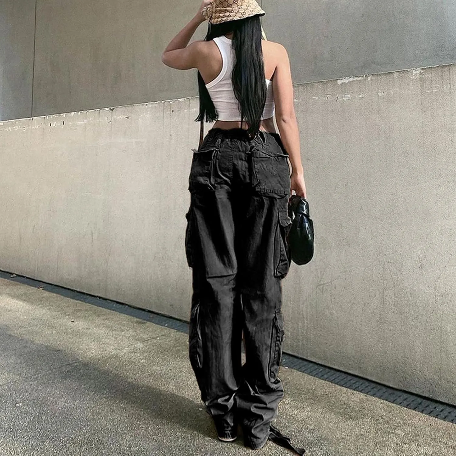 BXCNCKD Gothic Ladies Cargo Pants Street Retro Multi Pocket Cargo Pants Loose Wide Leg Pants Y2K Pants