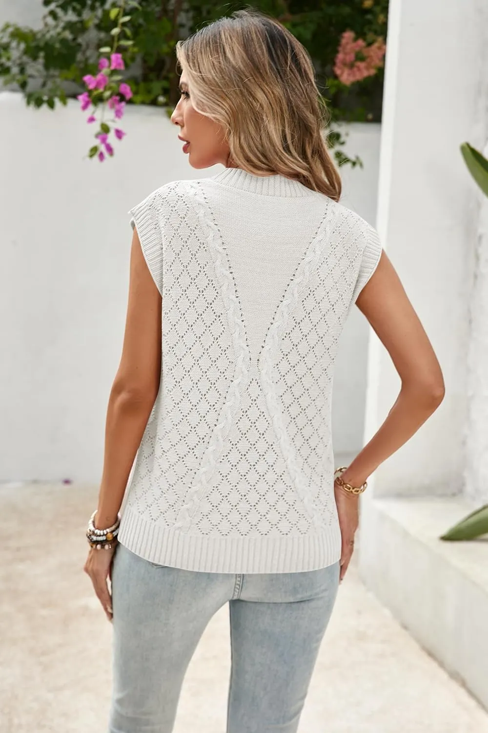 Cakulo Womens Crochet Cap Sleeve Summer Tops 2025 Sleeveless Cable Knit Sweater Vest Tank Tops