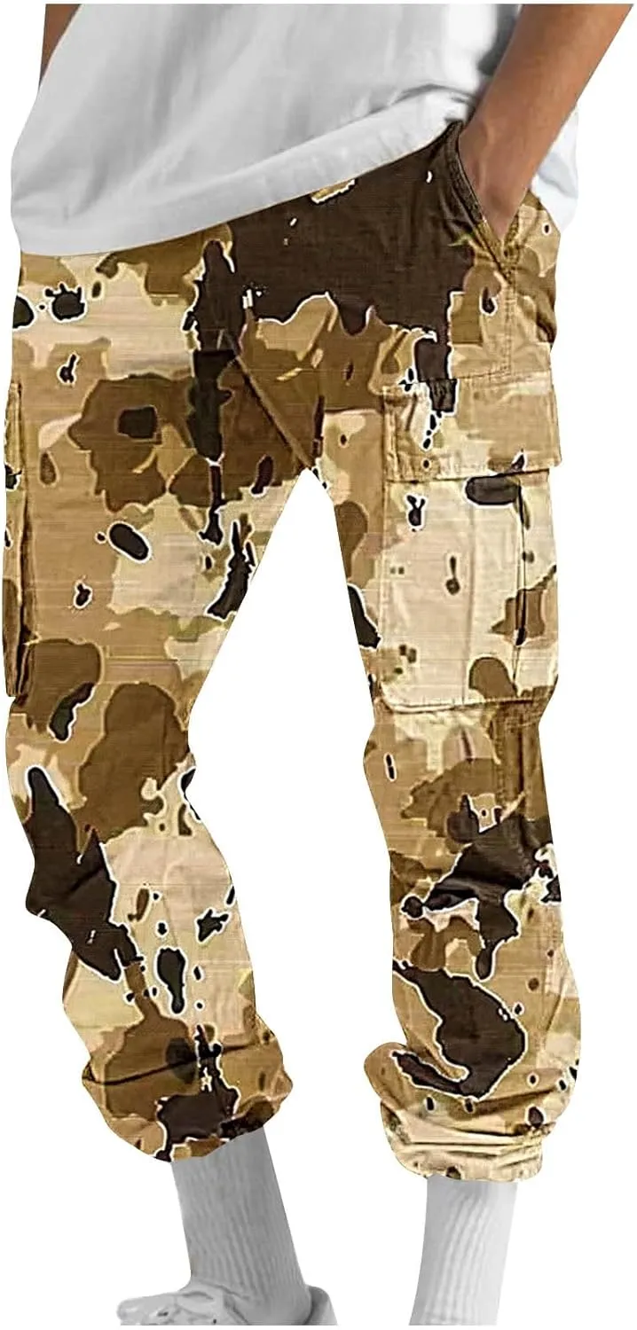 Cargo Pants for Men Classic-Fit Multi Pockets Work Pants Elastic Waist Drawstring Hiking Pants Casual Outdoors Pants