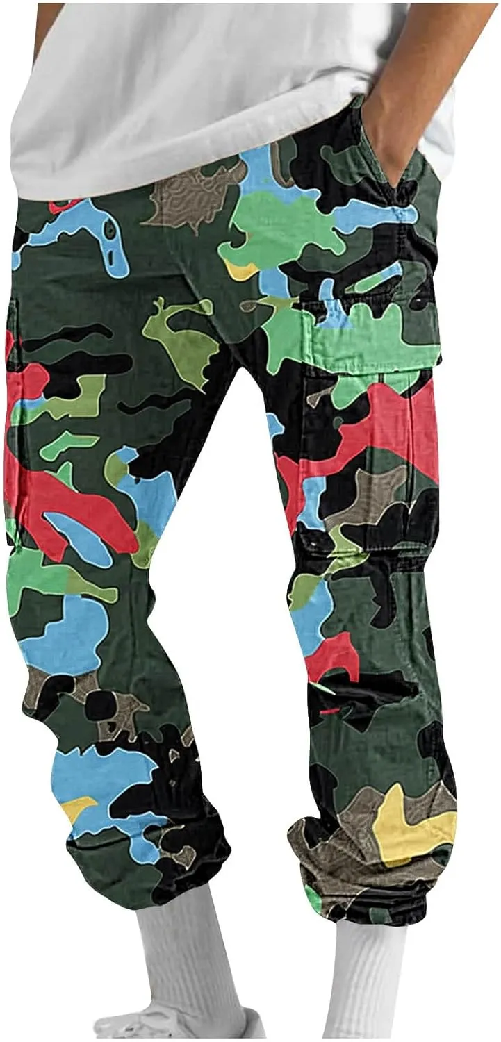 Cargo Pants for Men Classic-Fit Multi Pockets Work Pants Elastic Waist Drawstring Hiking Pants Casual Outdoors Pants