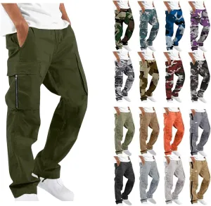 Cargo Pants for Men Classic-Fit Multi Pockets Work Pants Elastic Waist Drawstring Hiking Pants Casual Outdoors Pants