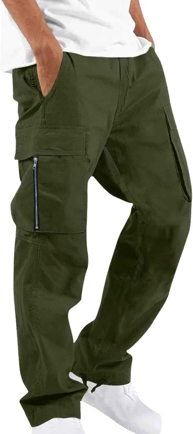 Cargo Pants for Men Classic-Fit Multi Pockets Work Pants Elastic Waist Drawstring Hiking Pants Casual Outdoors Pants
