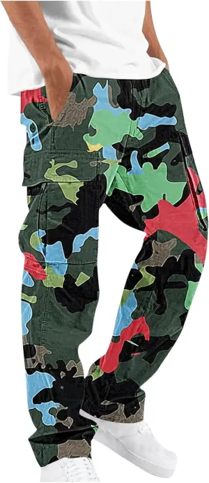 Cargo Pants for Men Classic-Fit Multi Pockets Work Pants Elastic Waist Drawstring Hiking Pants Casual Outdoors Pants