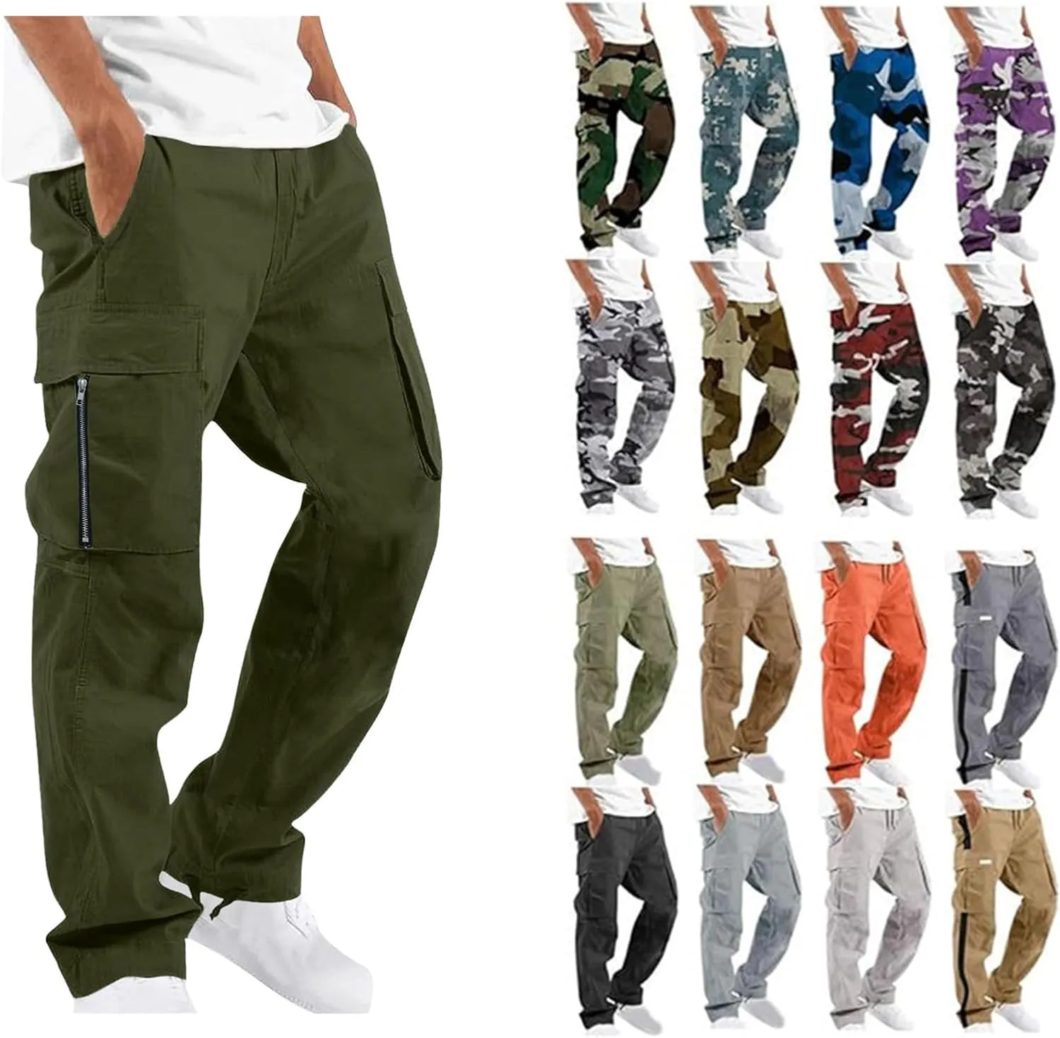 Cargo Pants for Men Classic-Fit Multi Pockets Work Pants Elastic Waist Drawstring Hiking Pants Casual Outdoors Pants