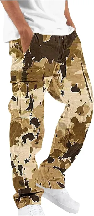 Cargo Pants for Men Classic-Fit Multi Pockets Work Pants Elastic Waist Drawstring Hiking Pants Casual Outdoors Pants