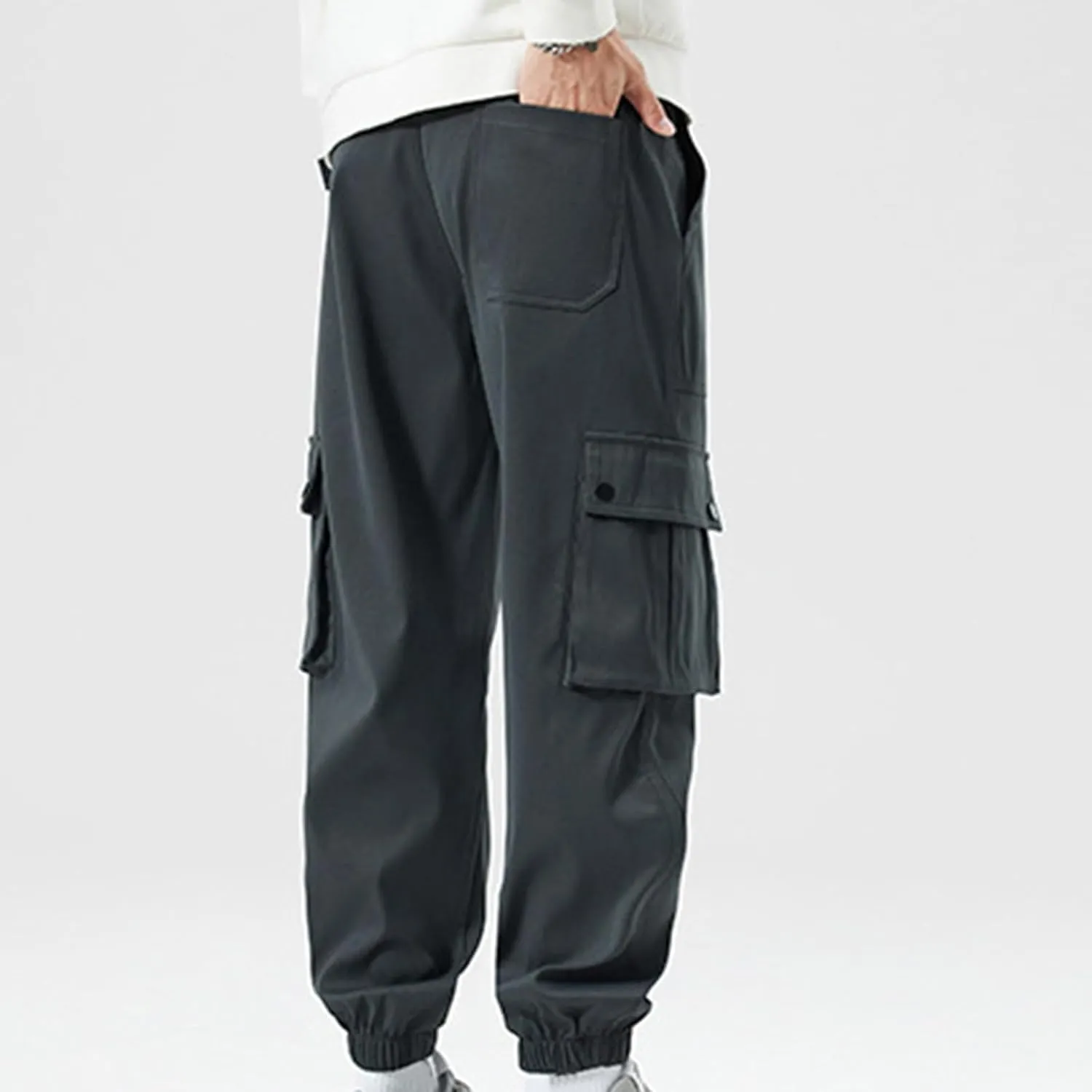 Cargo Pants for Men Multi-Pockets Solid Color Hiking Pants Elastic Waist Drawstring Outdoor Pants Classic Jogger Pants