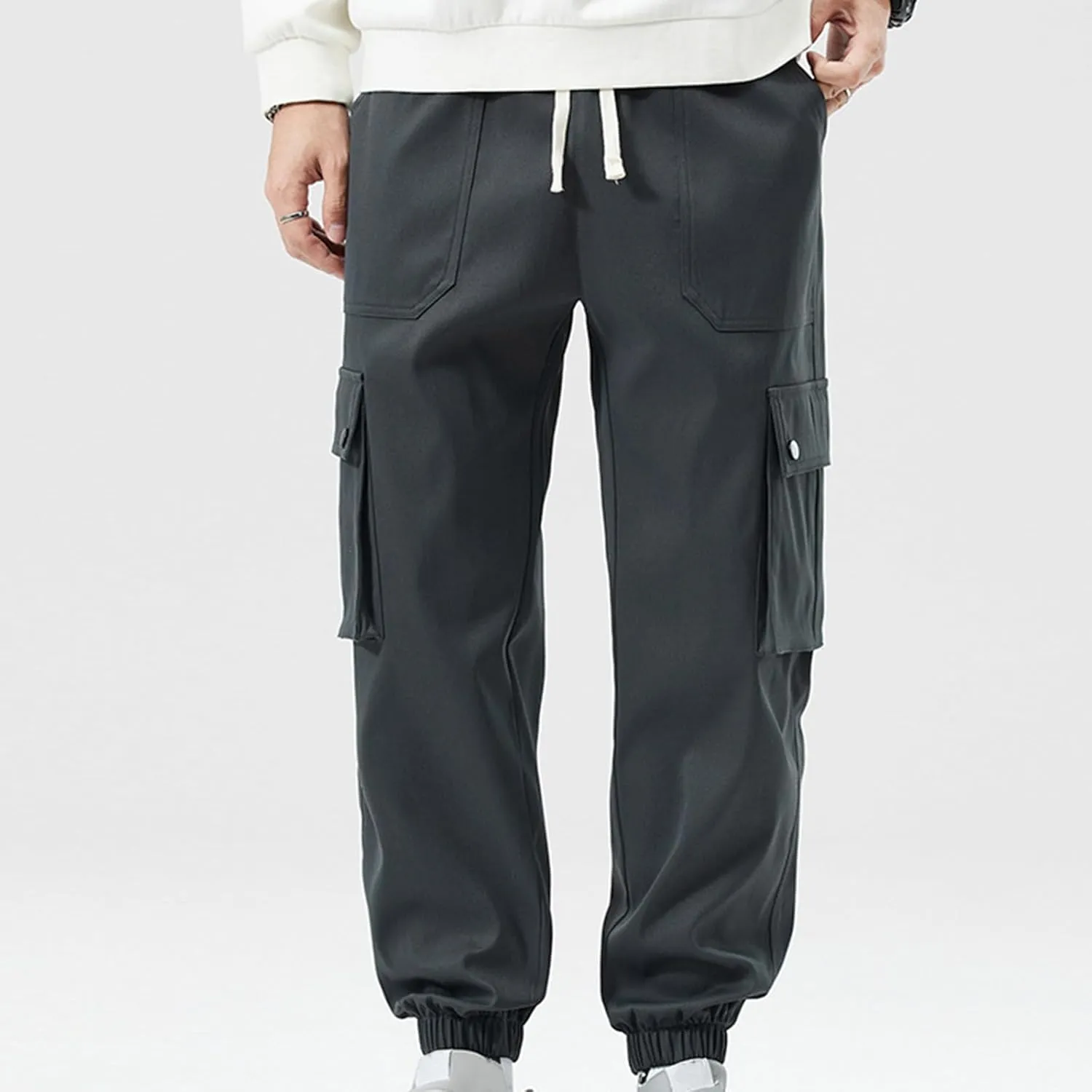 Cargo Pants for Men Multi-Pockets Solid Color Hiking Pants Elastic Waist Drawstring Outdoor Pants Classic Jogger Pants