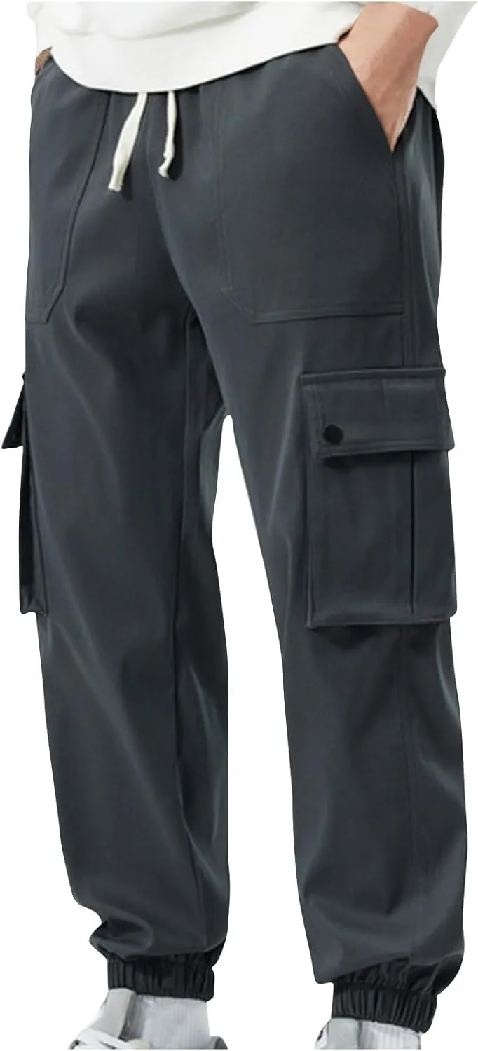 Cargo Pants for Men Multi-Pockets Solid Color Hiking Pants Elastic Waist Drawstring Outdoor Pants Classic Jogger Pants