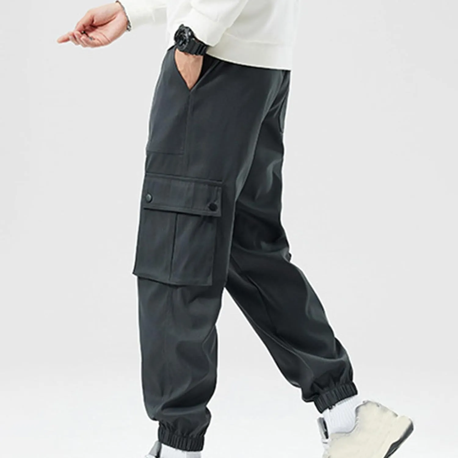 Cargo Pants for Men Multi-Pockets Solid Color Hiking Pants Elastic Waist Drawstring Outdoor Pants Classic Jogger Pants
