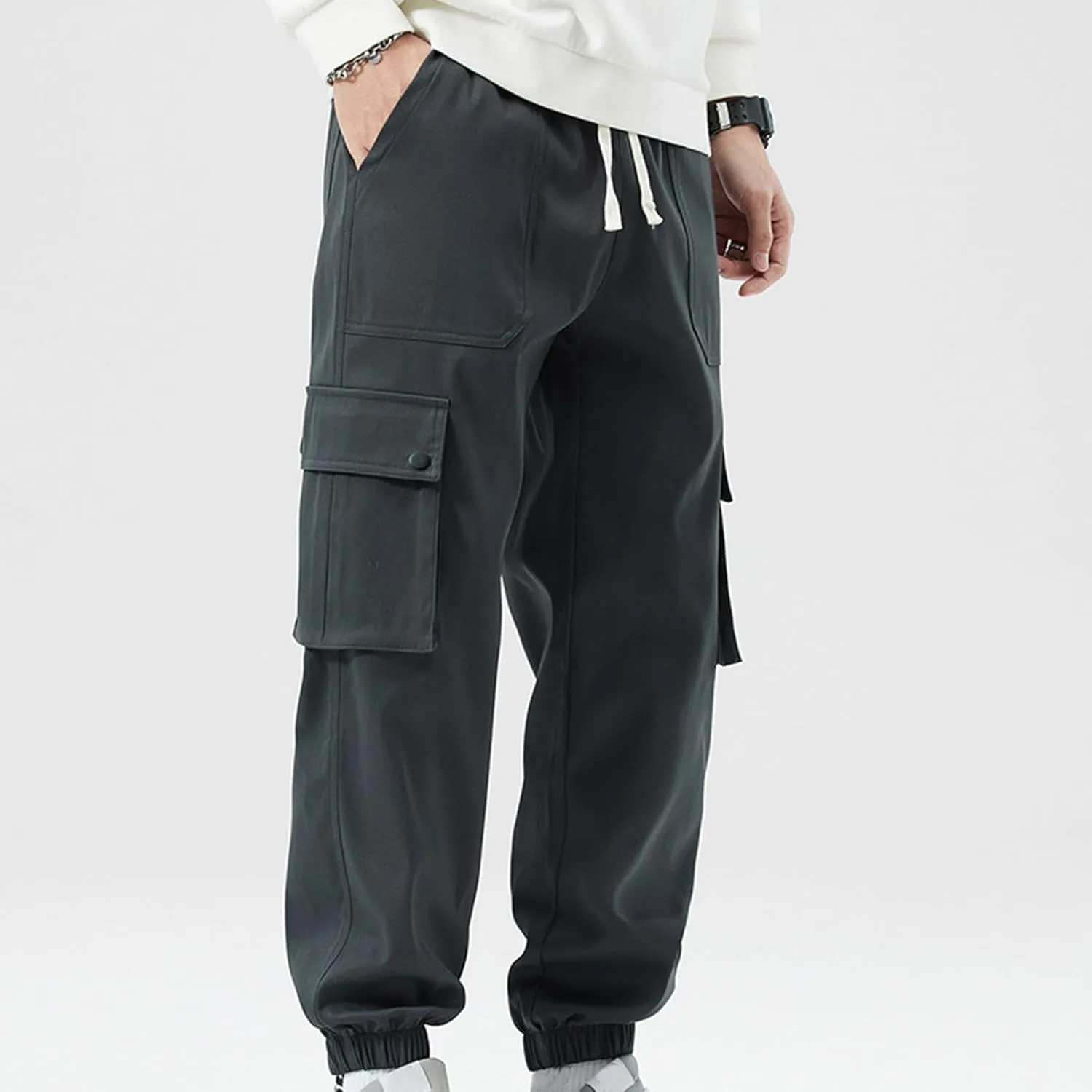 Cargo Pants for Men Multi-Pockets Solid Color Hiking Pants Elastic Waist Drawstring Outdoor Pants Classic Jogger Pants