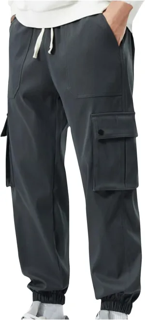 Cargo Pants for Men Multi-Pockets Solid Color Hiking Pants Elastic Waist Drawstring Outdoor Pants Classic Jogger Pants