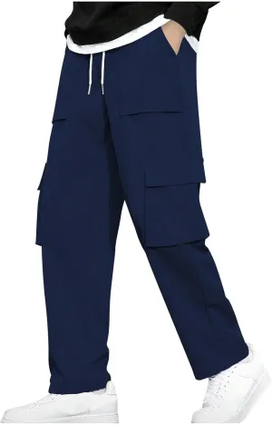 Cargo Work Pants for Men Elastic Waist Chino Pants Straight Leg Pants Drawstring Stretch Active Pants with Pockets