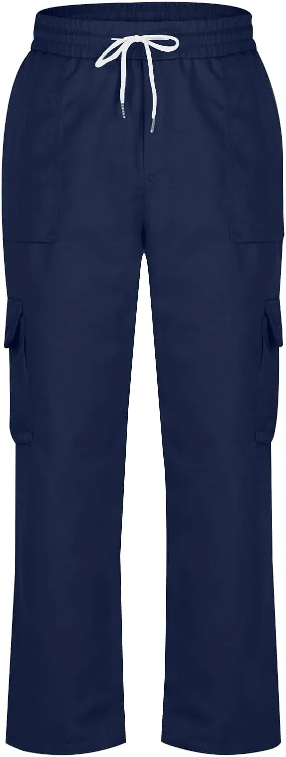Cargo Work Pants for Men Elastic Waist Chino Pants Straight Leg Pants Drawstring Stretch Active Pants with Pockets