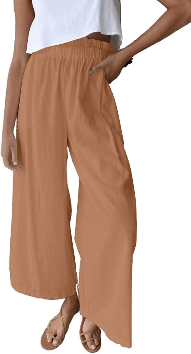 chouyatou Women's Casual Elastic Waist Beach Lounge Palazzo Wide Leg Linen Pants