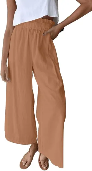 chouyatou Women's Casual Elastic Waist Beach Lounge Palazzo Wide Leg Linen Pants