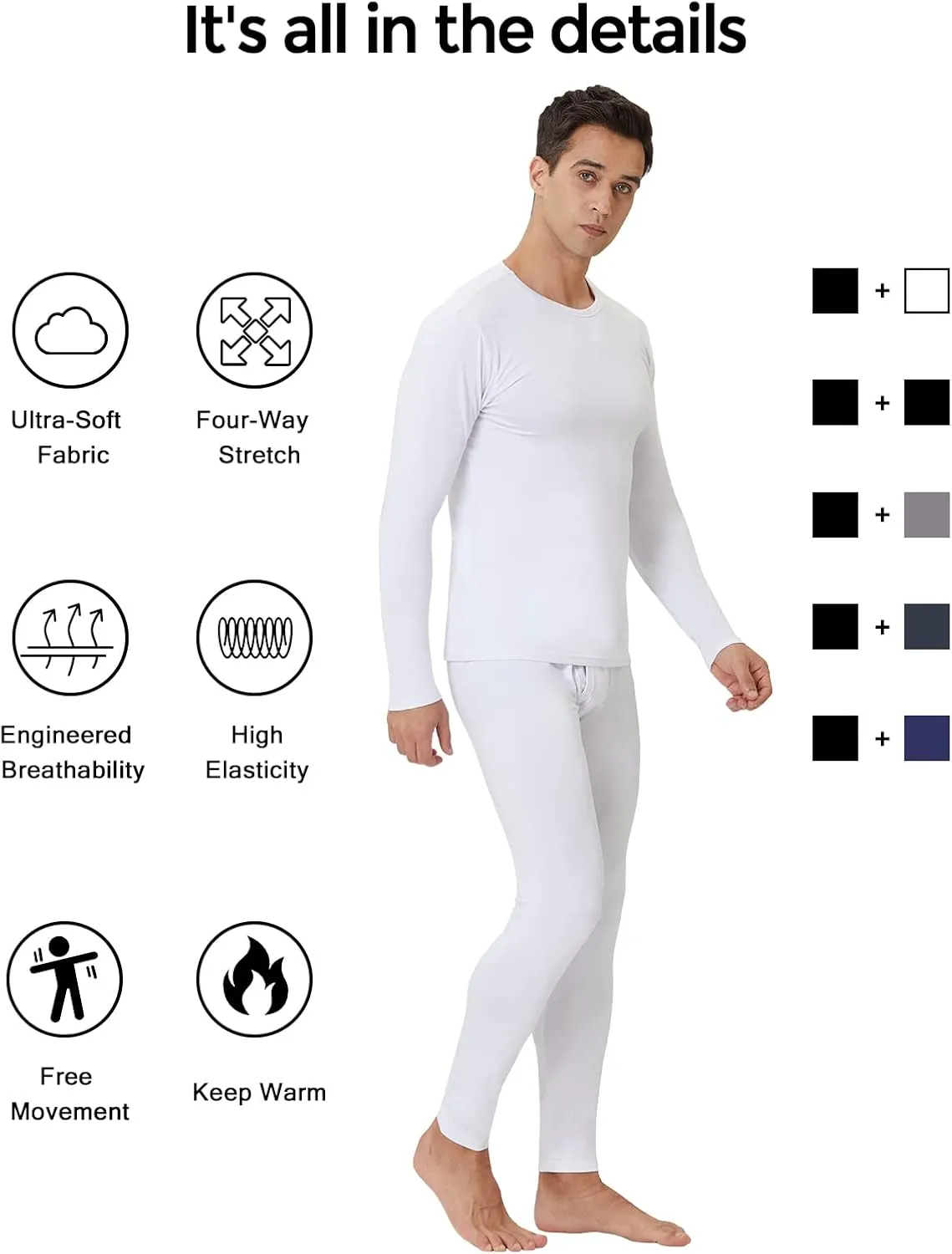 CL convallaria 2 Pack Long Johns Thermal Underwear for Men Soft Fleece Lined Base Layer Cold Weather Set XS-4XL