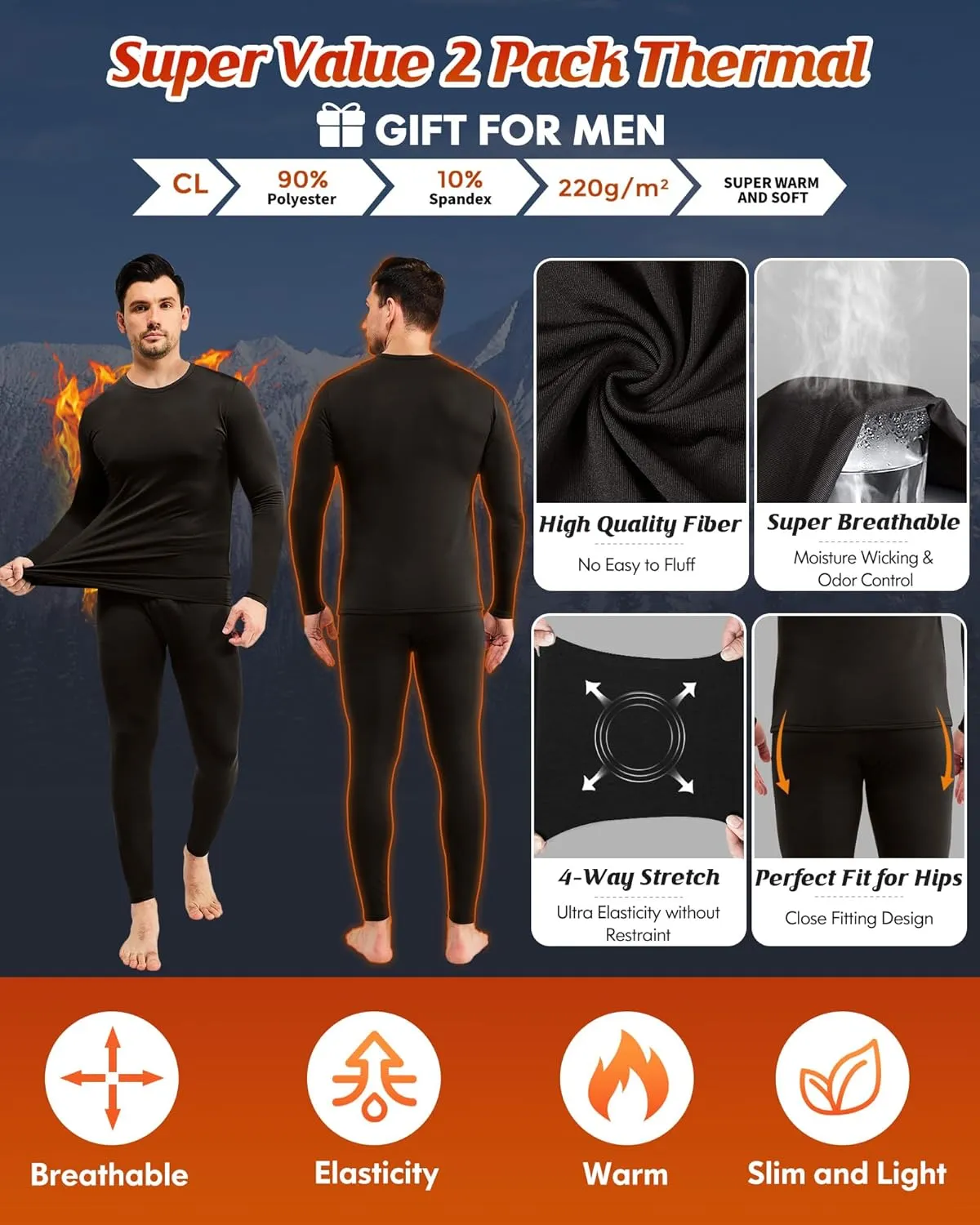 CL convallaria 2 Pack Long Johns Thermal Underwear for Men Soft Fleece Lined Base Layer Cold Weather Set XS-4XL