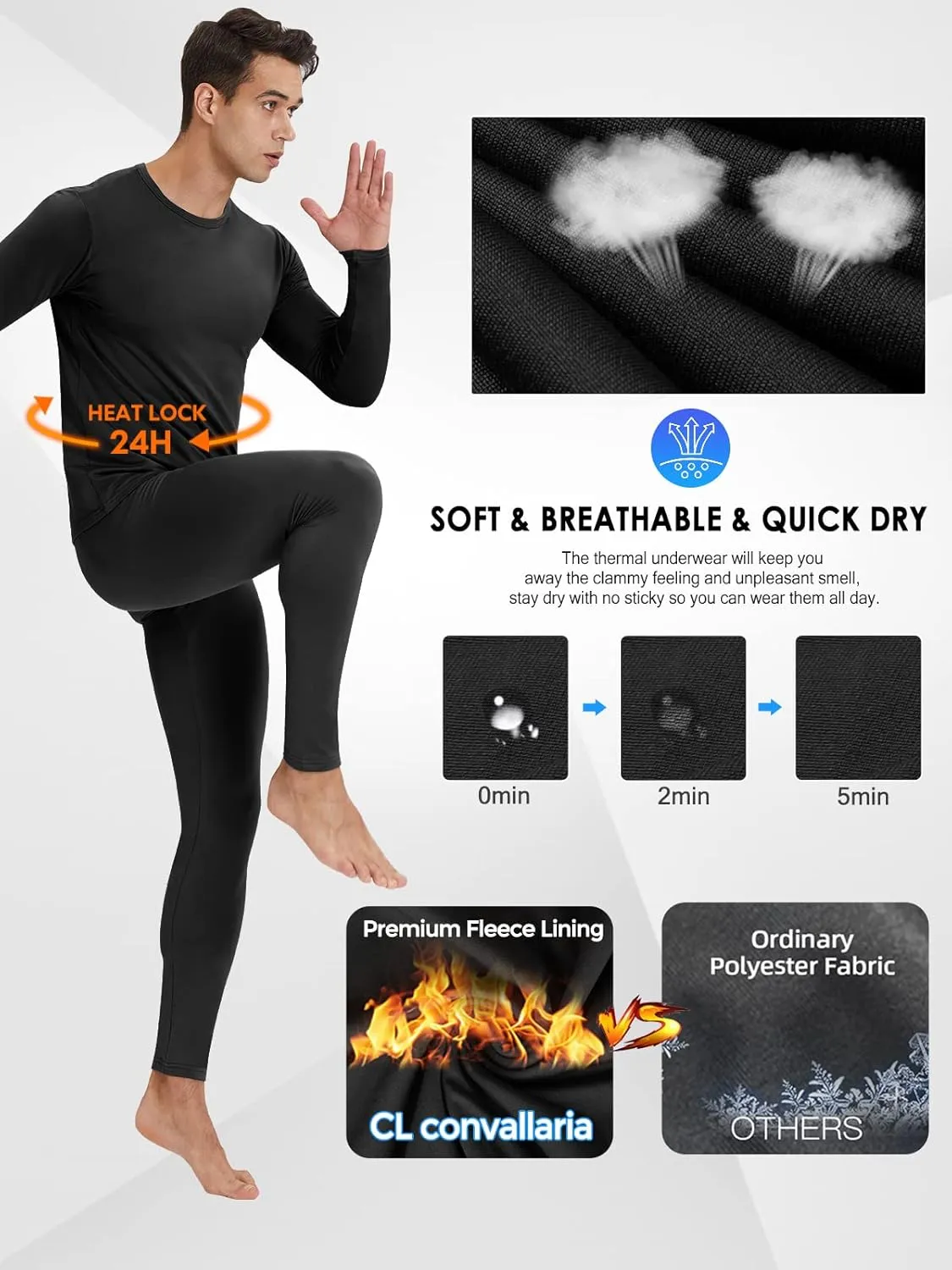 CL convallaria 2 Pack Long Johns Thermal Underwear for Men Soft Fleece Lined Base Layer Cold Weather Set XS-4XL