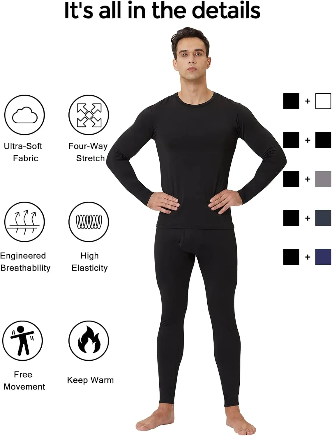 CL convallaria 2 Pack Long Johns Thermal Underwear for Men Soft Fleece Lined Base Layer Cold Weather Set XS-4XL