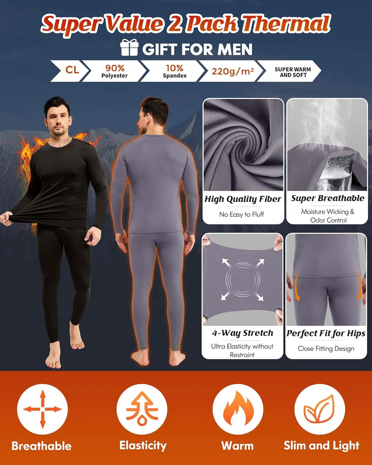 CL convallaria 2 Pack Long Johns Thermal Underwear for Men Soft Fleece Lined Base Layer Cold Weather Set XS-4XL