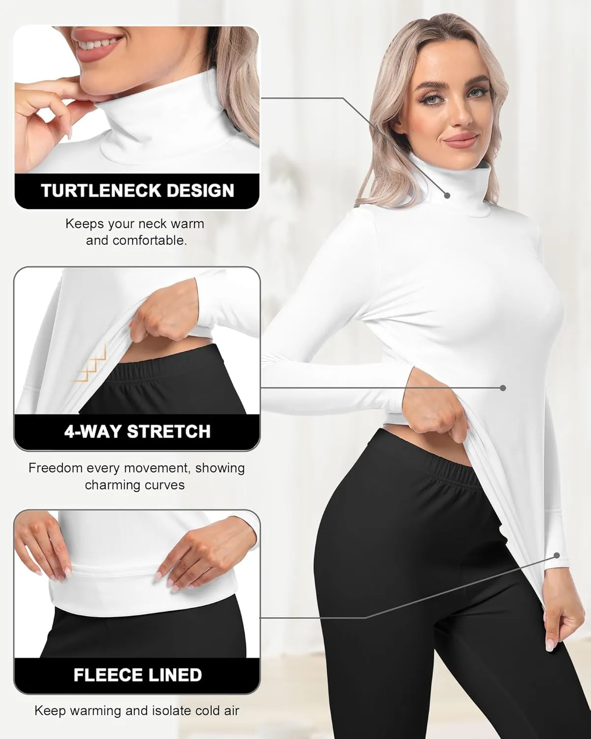 CL convallaria Turtleneck Thermal Underwear Shirts Women Scoop Neck Fleece Lined Base Layer Tops Long Sleeve 2 4 Pack