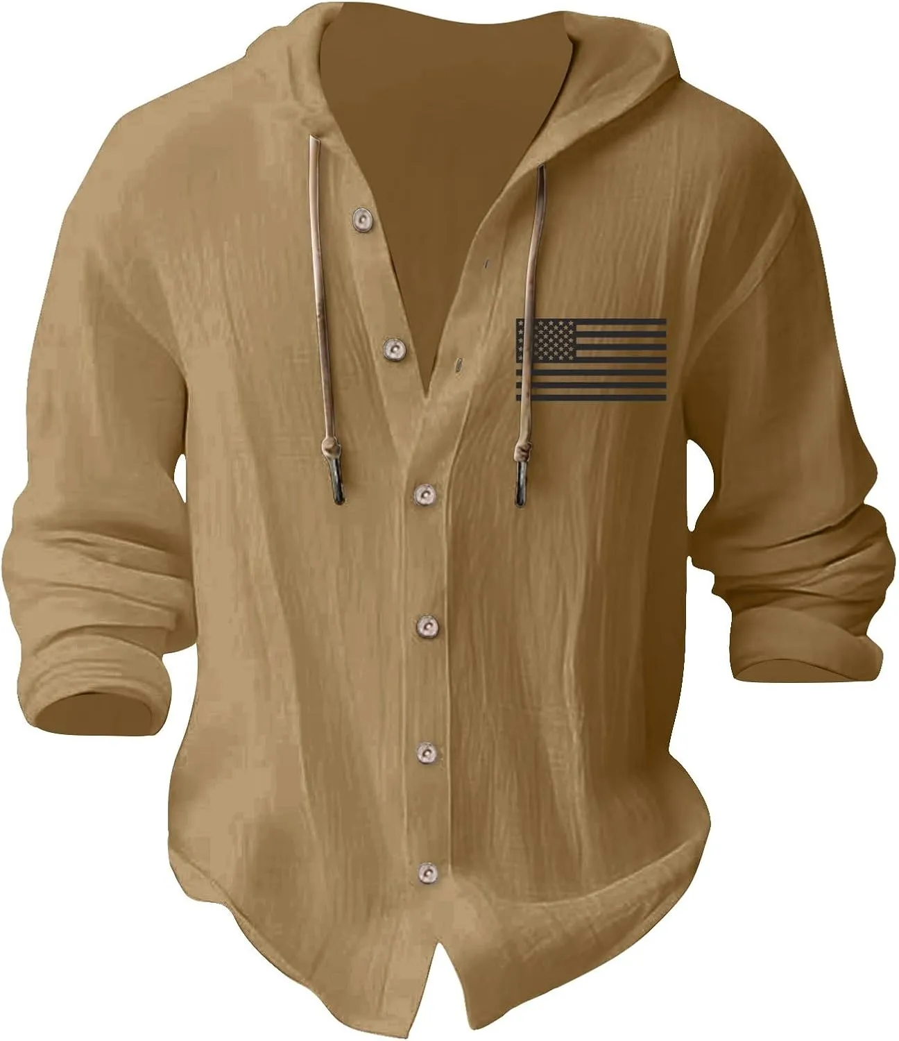 Cotton Linen Shirts for Men Stylish American Flag Print Hoodies Button Down Long Sleeve Lace Up Sweatshirts with Hood