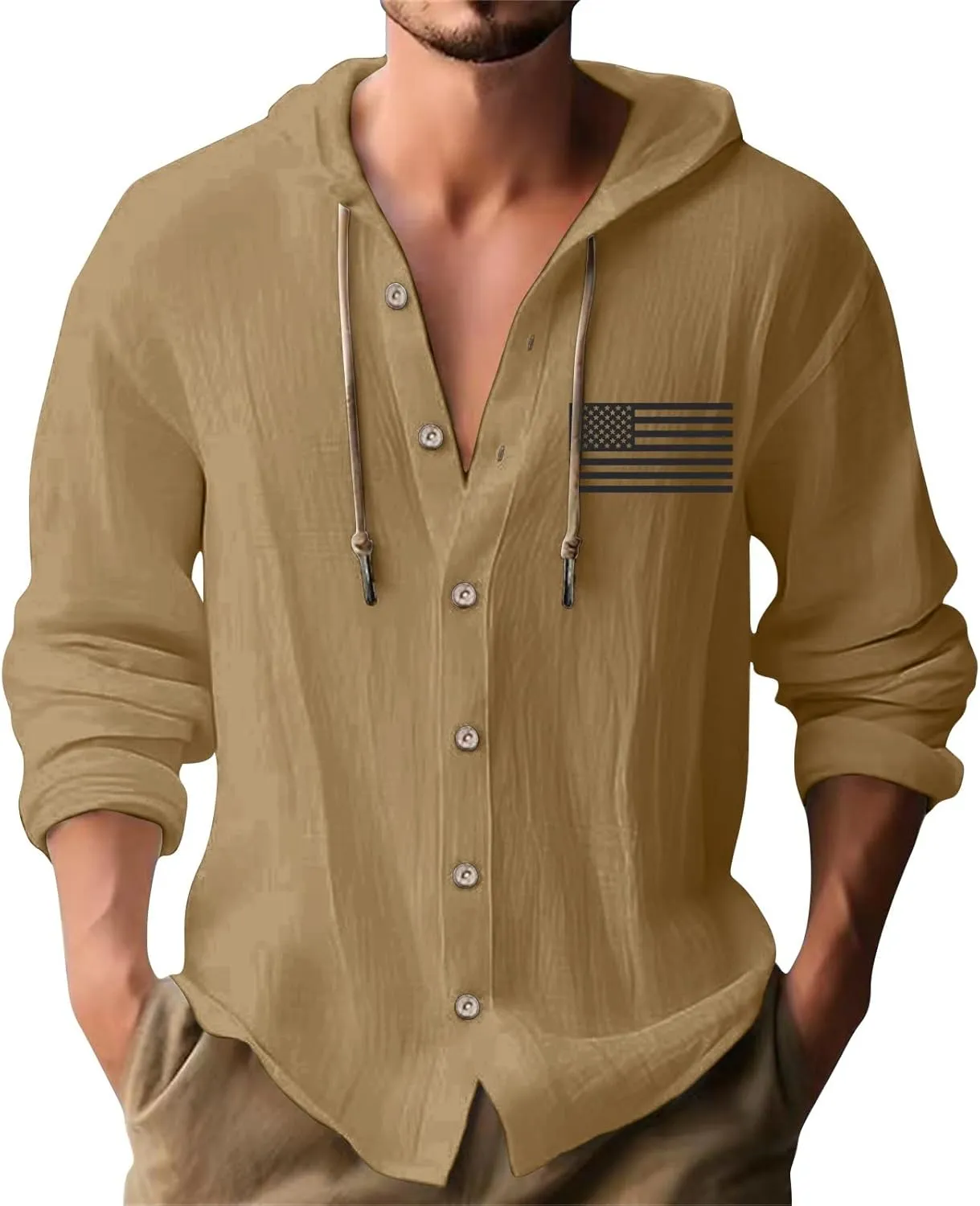 Cotton Linen Shirts for Men Stylish American Flag Print Hoodies Button Down Long Sleeve Lace Up Sweatshirts with Hood