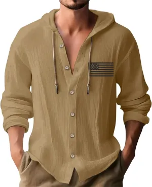Cotton Linen Shirts for Men Stylish American Flag Print Hoodies Button Down Long Sleeve Lace Up Sweatshirts with Hood