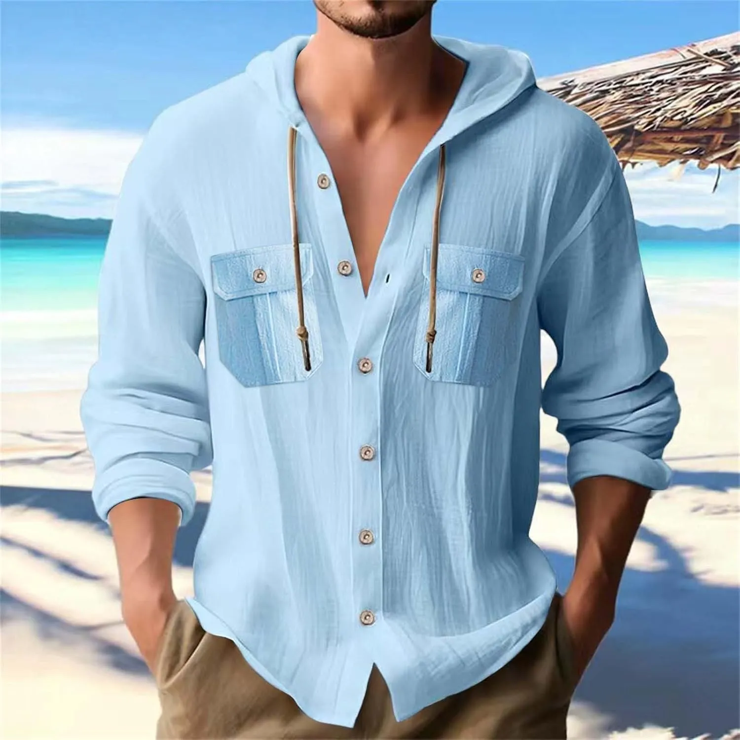 Cotton Linen Shirts for Mens Stylish Summer Beach Hippie Hoodies Lightweight UPF 50  Fishing Shirt Hooded Sweatshirts